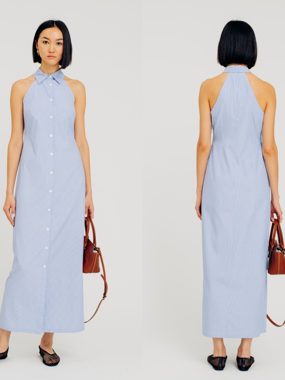 Torn by Ronny Kobo Fiona Sleeveless Pinstripe Button Front Maxi Shirt Dress